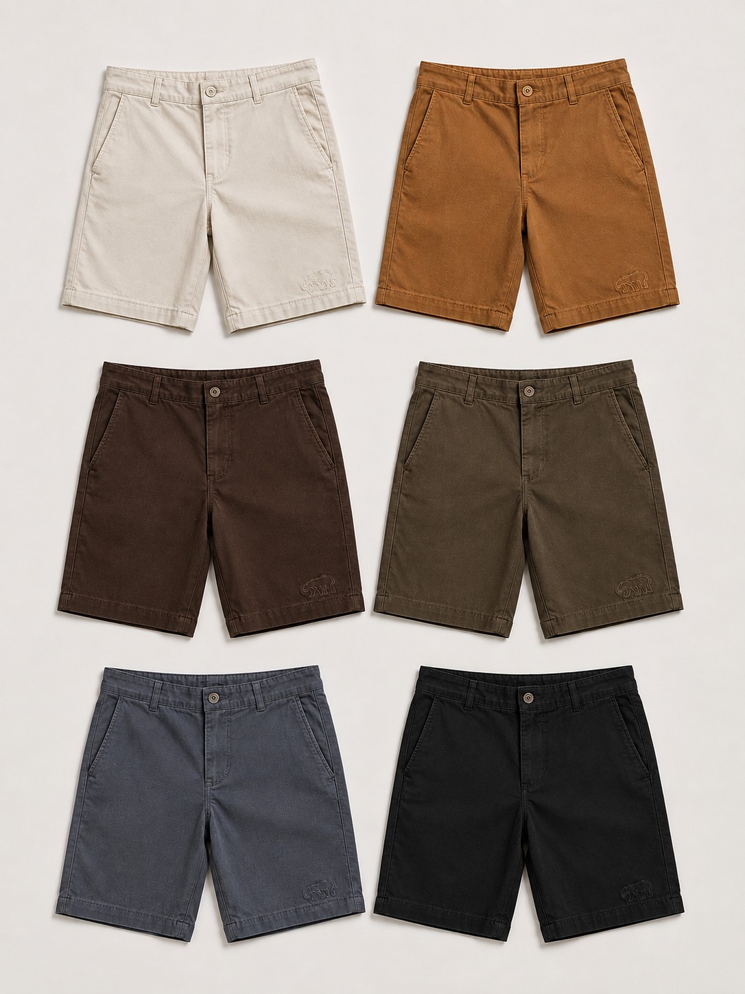 Seis bermudas de sarja Bransk dispostas em grade nas cores off-white, caramelo, marrom, verde militar, azul chumbo e preto