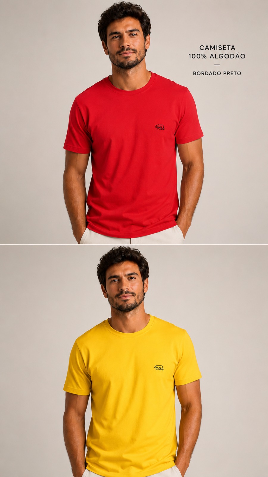 Duas fotos de homem vestindo camisetas Bransk 100% algodão, uma vermelha e uma amarela, com urso bordado em preto